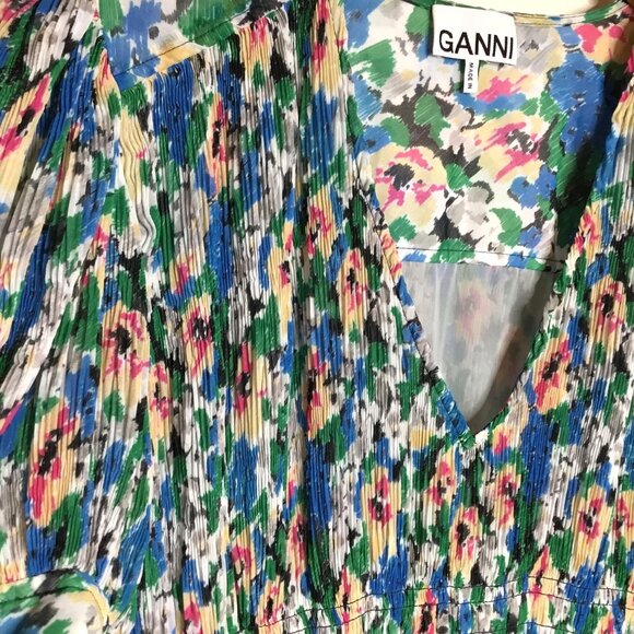 GANNI Pleated Georgette Midi Dress Puff Sleeves Smocked Floral Azure Blue NWT 4 - Picture 6 of 13